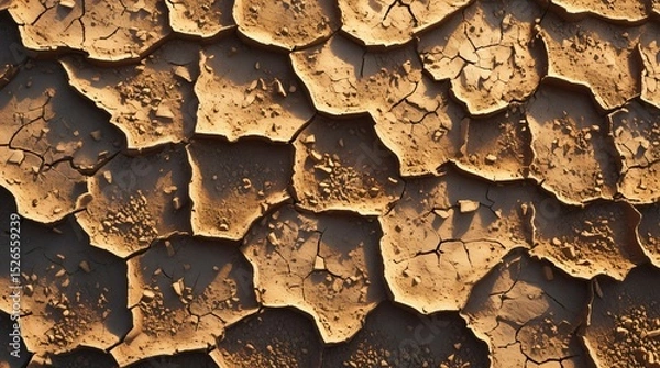 Fototapeta Close-up of cracked dry earth surface with natural patterns of desert soil showing signs of drought, climate change, and environmental degradation.