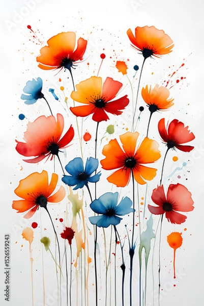 Obraz A vibrant collection of watercolor flowers in orange, red, and blue pops against a white background, showcasing artistic beauty. Generative AI.