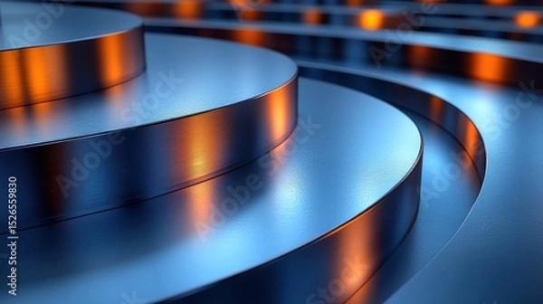 Fototapeta Metallic spiral podium with orange glow in dark background, product display