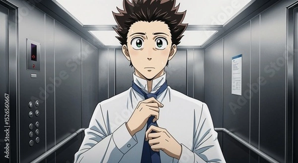 Fototapeta Man nervously tying tie in elevator with intense expression