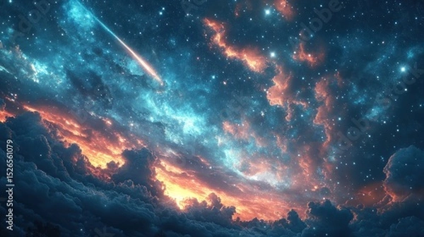 Fototapeta Meteor streaks across vibrant, starry night sky above dramatic clouds