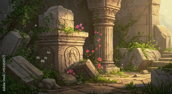 Obraz Ancient Ruins with Overgrown Vines and Colorful Flowers - Digital Illustration