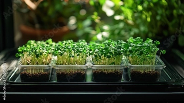 Fototapeta Microgreens growing in containers indoors with plants in background