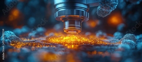 Fototapeta Microscope analyzing glowing particles on a surface, dark background