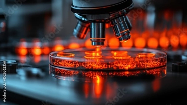 Fototapeta Microscope analyzing glowing petri dish samples in lab