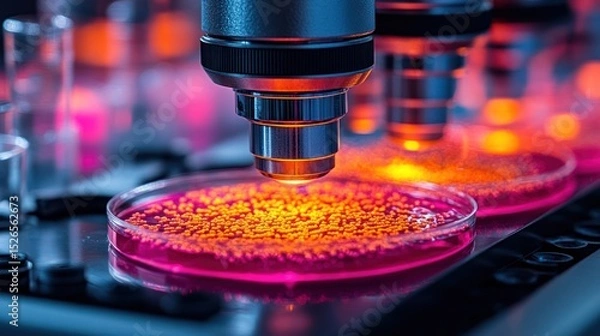 Fototapeta Microscope examining lab petri dish with samples under UV light