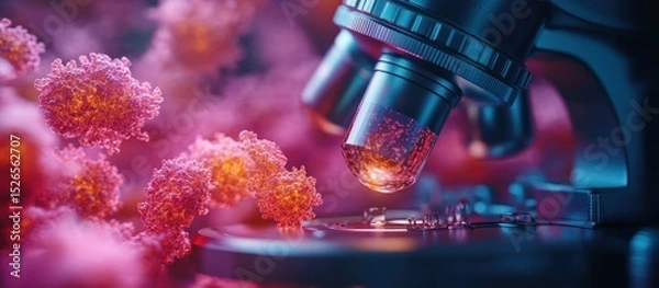 Fototapeta Microscope examining virus cells in lab, close-up, blurred background