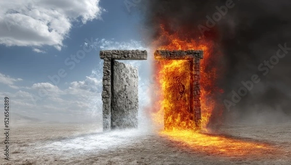 Fototapeta Two opposing doorways, one in frigid, the other in fiery realms