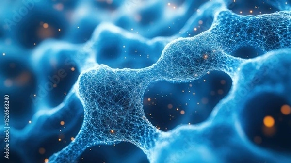 Fototapeta Microscopic blue cellular network with glowing particles