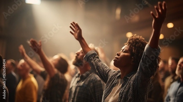 Obraz Devout christians worship with raised hands in a spirit filled church during a vibrant prayer session