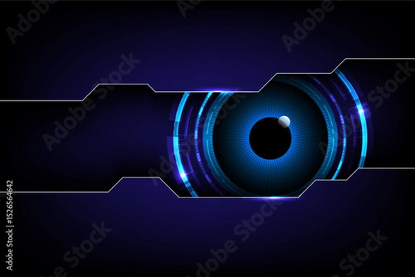 Fototapeta Futuristic High tech digital eye concept with glowing blue interface on a dark background, Ideal for cybersecurity, AI or tech innovation themes