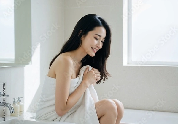 Fototapeta 明るいバスルームに座るタオルケット姿の笑顔の女性