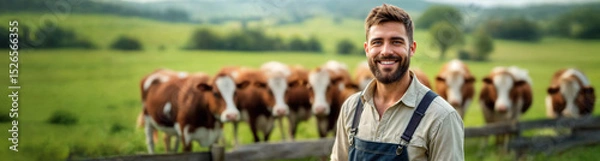 Fototapeta Portrait of smiling farmer against his farm background. Cows in the field. Web banner