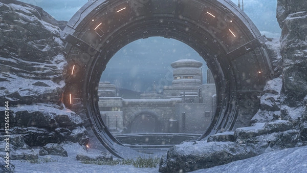 Fototapeta Sci-fi fantasy portal at a remote outpost in a winter landscape. 3D rendered illustration.