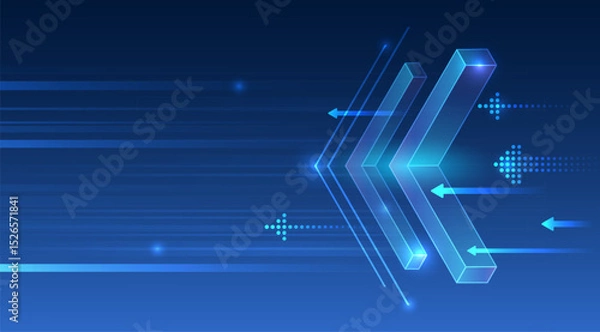 Obraz A futuristic background with vibrant 3D arrows and geometric lines moving across the horizon. The abstract design symbolizes data transfer, speed, technological flow and digital communication.