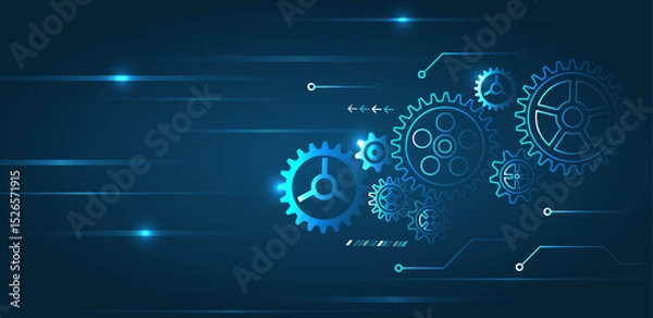 Obraz A technology background with blue glowing gears and connection lines. Ideal for topics related to engineering, automation, technology and innovation in the digital environment.