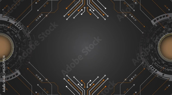 Obraz An abstract high-tech background with elements of microchips, circular interfaces and connection lines. The center is empty, making the image ideal for placing text.
