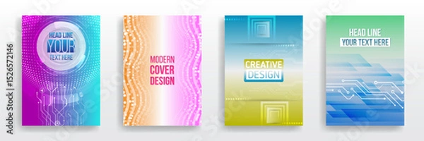 Obraz A set of modern covers with abstract tech and digital elements. Bright colors, diagrams, lines and futuristic style are perfect for presentations, posters and digital design.