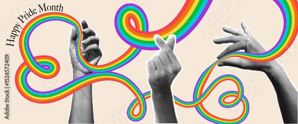 Obraz Happy Pride Month background. 2025 Gay Pride Month festival vector banner. Collage cut out paper elements halftone hands holding wavy pride flag in heart shape for LGBT events invitation 