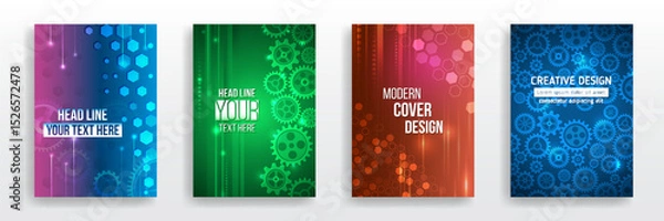 Obraz A collection of modern abstract flyer and brochure designs featuring hexagons, gears, light effects and gradients. Perfect for tech, engineering or business themed presentations and templates.