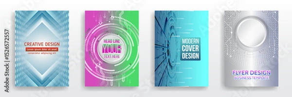 Obraz Set of four abstract technology-themed flyer and cover designs with futuristic geometric shapes, circuits, and gradients. Ideal for business templates, presentations, posters, or promotional materials