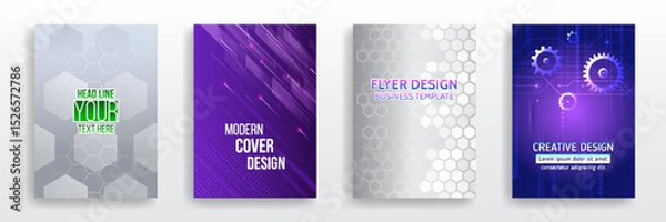 Obraz Modern covers with abstract backgrounds, hexagonal patterns and gears. Perfect for designing business flyers, tech presentations, posters and digital publications.