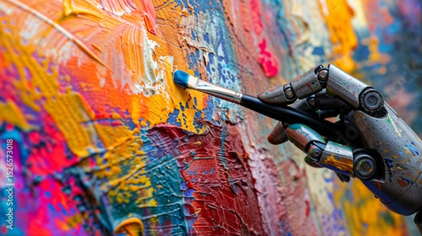 Fototapeta robotic hand of artificial intelligence, generating an abstract oil painting with a brush and oil paint. creativity and sensitivity with ai, and plagiarism or copyright issues