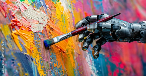 Fototapeta Robotic hand of a cyborg with artificial intelligence, painting an abstract picture with a brush and paint on the canvas. Creativity and image generation with AGI