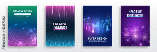 Obraz Set of futuristic flyer and brochure templates with binary code, glowing data spheres, and digital effects. Ideal for tech presentations, AI projects, and IT business design.