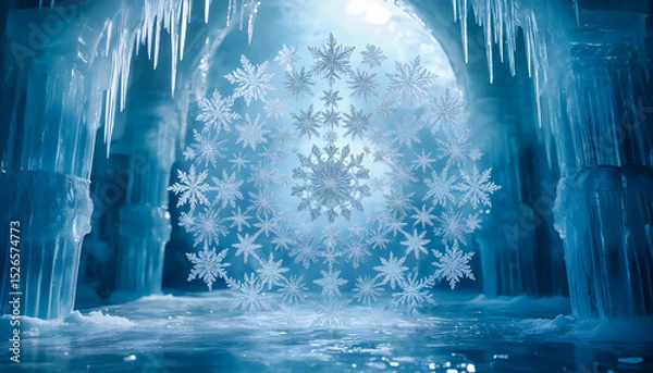 Fototapeta Intricate snowflake pattern amidst majestic ice cavern with blue glow