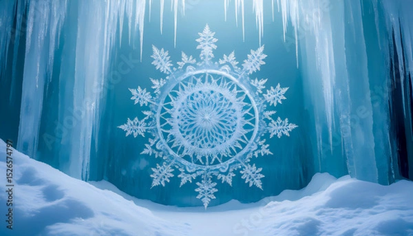 Fototapeta Intricate snowflake pattern in winter ice cave with icicles and snowdrifts