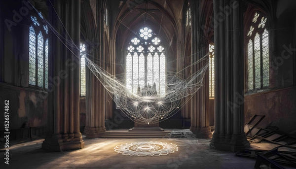 Fototapeta Large abandoned cathedral interior with dramatic sunlight and worn columns