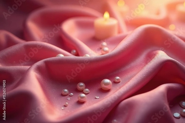 Obraz Silky fabric draped, scattered pearls, candlelight glow, object, desire, graceful