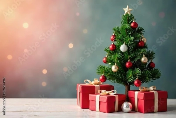 Obraz Small decorated tree with wrapped gifts nearby , holiday decor, wrapped, adorable