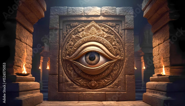 Fototapeta Large stone carving of eye in ancient temple with fire torches at night