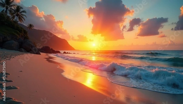 Obraz Stunning sunset over a tranquil beach, golden sand, calm ocean waves , golden hour, shoreline