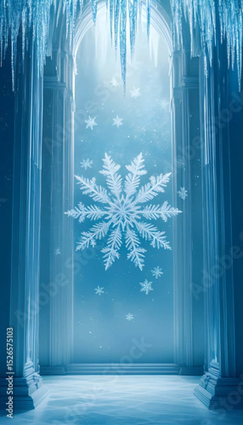 Fototapeta Majestic snowflake in an icy palace with sparkling icicles