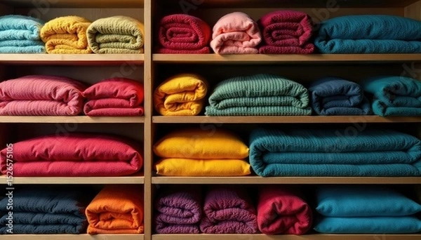 Obraz Stylish clothing neatly folded on shelves, showcasing various textures and colors , retail store, arrangement