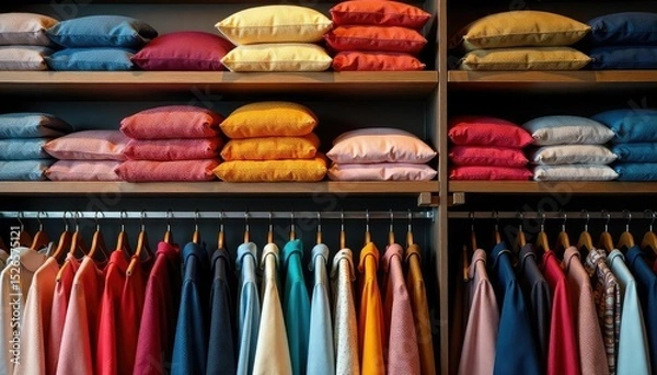 Obraz Stylish clothing neatly folded on shelves, showcasing various textures and colors , color, discount, style