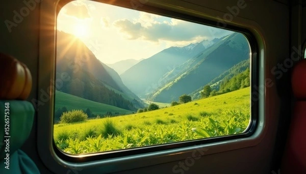 Obraz Sunlight streams through a train window, illuminating lush green landscape , landscape, bright
