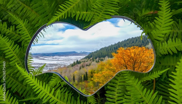 Fototapeta Scenic heart-shaped view through lush green ferns towards autumn landscape
