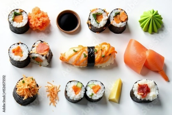 Obraz Variety of sushi rolls, soy sauce, wasabi, ginger, white background, sauce, white