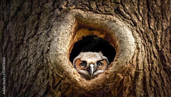 Fototapeta Young owl peeking out of tree nest during daytime in forest