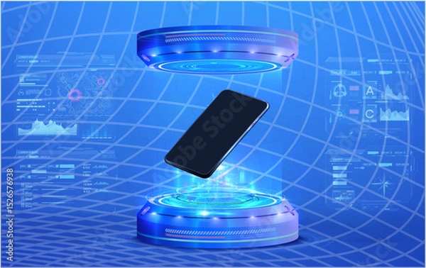 Obraz A sleek smartphone hovers in a glowing circular platform surrounded by dynamic holographic data visualizations. This advanced setup suggests cutting-edge technology and innovation.