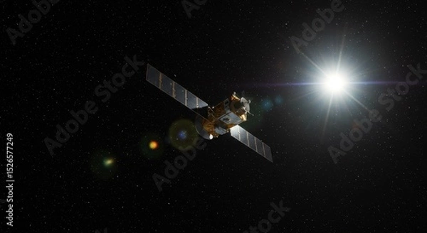 Fototapeta Satellite orbiting in space with sunlight shining brightly  