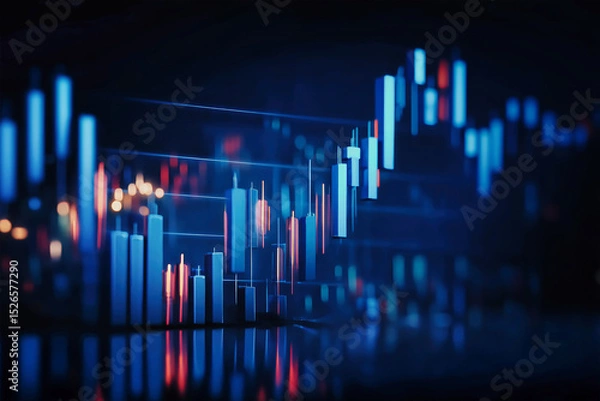 Obraz Stock market financial chart features blue candlesticks on a dar