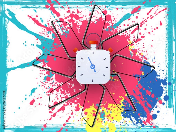 Obraz A unique clock design bursts with vibrant colors and playful shapes, showcasing a blend of artistic expression and timekeeping functionality, perfect for modern decor.