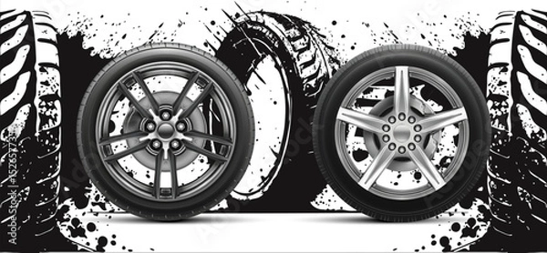 Obraz Two car tires are showcased side by side, featuring different designs. A vibrant mural in the background emphasizes movement and power, enhancing the visual contrast of the tires.