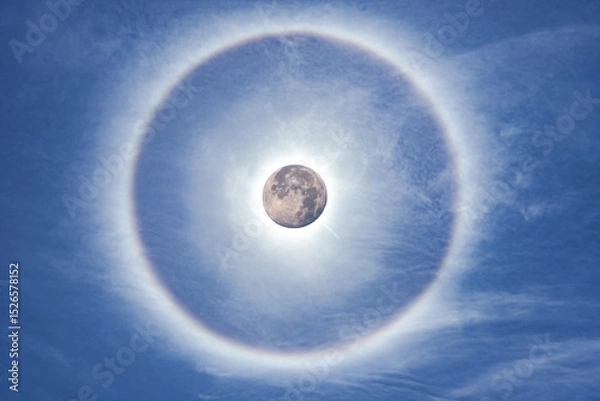Obraz rare natural phenomenon created when sunlight hits ice crystals suspended high in the atmosphere, circular rainbow halo around the moon among blue sky and white clouds