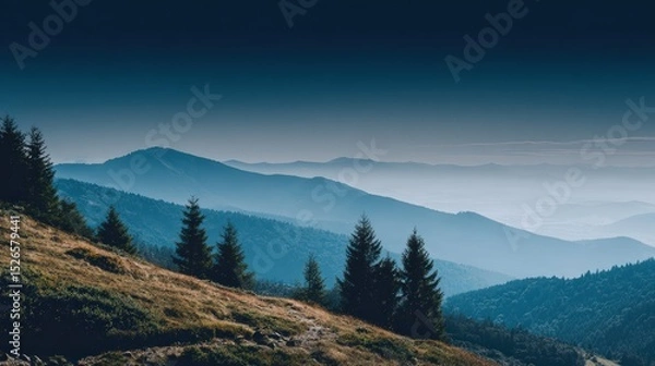 Fototapeta Serene Mountain Landscape with Trees in Foreground and Sunset Over Hills